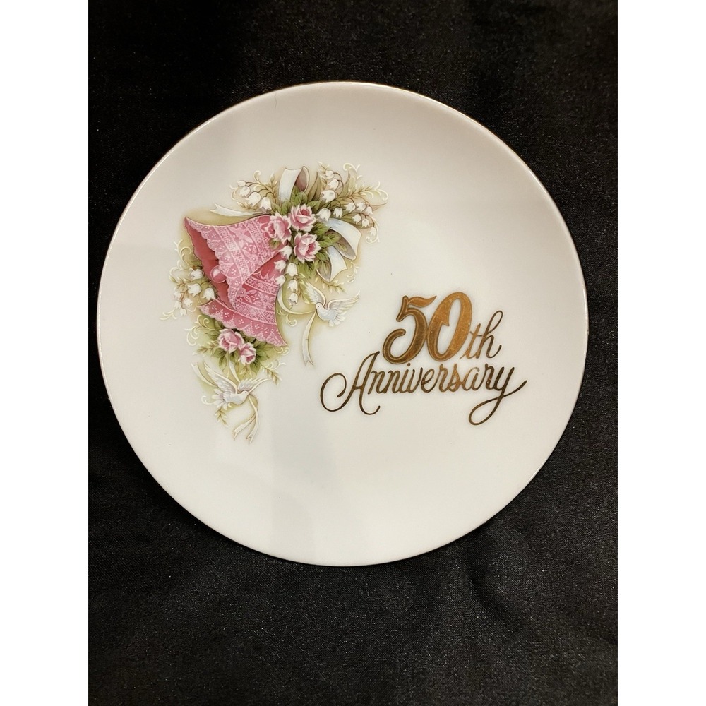 VTG Enesco 50th Anniversary Wedding Gift Pink Bells Floral Ceramic Gold Accents